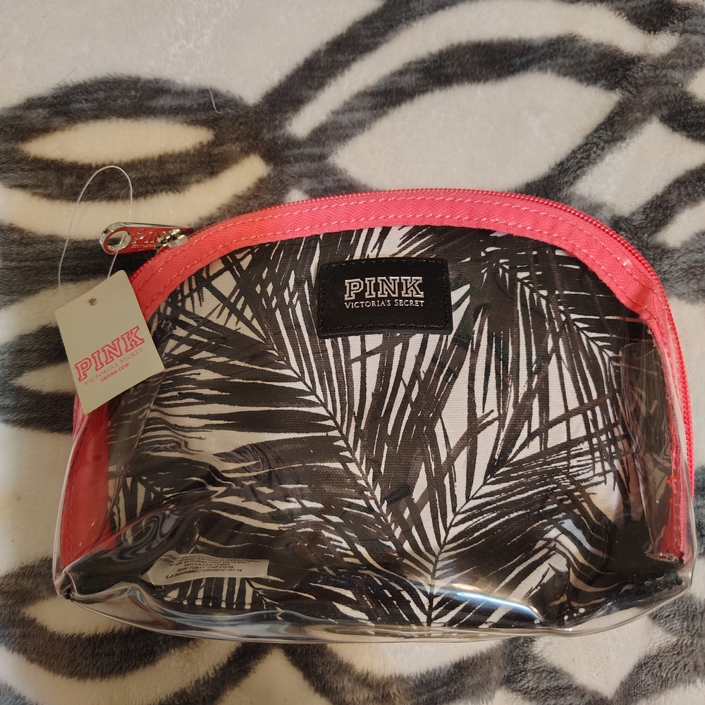 PINK Victoria's Secret Clear Cosmetic Pouch with Palm Print and Hot Pink Trim